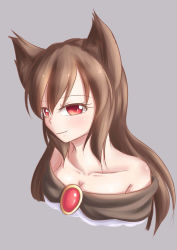 Rule 34 | 1girl, absurdres, animal ears, bare shoulders, breasts, brooch, brown hair, cleavage, collarbone, dior-zi, dress, grey background, highres, imaizumi kagerou, jewelry, long hair, looking at viewer, red eyes, simple background, smile, solo, touhou, upper body, wolf ears
