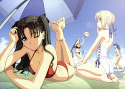 Rule 34 | 4girls, absurdres, ahoge, alternate costume, artoria pendragon (all), artoria pendragon (fate), barefoot, beach, bikini, black hair, blonde hair, blue eyes, blue hair, bow, breasts, cleavage, day, fate/stay night, fate/unlimited blade works, fate (series), feet, green eyes, hair bow, highres, kneeling, large breasts, legs, long hair, long legs, magaki ryouta, matou sakura, medusa (fate), medusa (rider) (fate), multiple girls, non-web source, one eye closed, outdoors, parasol, purple hair, saber (fate), side-tie bikini bottom, sky, soles, square pupils, swimsuit, tohsaka rin, twintails, two side up, umbrella, very long hair, wink