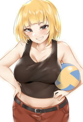 Rule 34 | 1girl, bababababan, bad id, bad pixiv id, ball, bare shoulders, belt, blonde hair, blush, breasts, brown eyes, grin, haikyuu!!, hand on own hip, hands on own hips, highres, large breasts, looking at viewer, short hair, simple background, smile, solo, tanaka saeko (haikyuu!!), tank top, teeth, volleyball, volleyball (object), white background