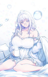 Rule 34 | 1girl, babydoll, blush, breasts, cardigan, cleavage, commentary request, cup, glasses, highres, holding, holding cup, huge breasts, indie virtual youtuber, large breasts, lingerie, long hair, mi2mi2 minmi, mug, off shoulder, open cardigan, open clothes, parted lips, purple eyes, simple background, sitting, solo, steam, underwear, very long hair, virtual youtuber, water drop, white babydoll, white cardigan, white hair, yomi tsumugiha