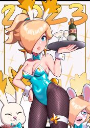 Rule 34 | 1other, 2023, 2girls, absurdres, animal ears, blonde hair, blue bow, blue bowtie, blue eyes, blue leotard, bow, bowtie, champagne bottle, champagne flute, chinese zodiac, cocktail glass, commentary, cup, detached collar, drinking glass, english commentary, fake animal ears, fake tail, fishnet pantyhose, fishnets, highres, leotard, looking at viewer, mario (series), mario + rabbids sparks of hope, multiple girls, nintendo, pantyhose, playboy bunny, rabbid rosalina, rabbit, rabbit ears, rabbit tail, raving rabbids, rosalina, sarukaiwolf, smile, star bunny, strapless, strapless leotard, super mario galaxy, tail, white fur, wrist cuffs, year of the rabbit
