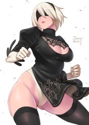 Rule 34 | 1girl, 2016, 2b (nier:automata), ass, black dress, black thighhighs, blindfold, breasts, cleavage, cleavage cutout, clenched hands, clothing cutout, cowboy shot, curvy, dated, dress, gluteal fold, hairband, highleg, highleg leotard, huge breasts, leotard, leotard under clothes, lips, looking up, mole, mole under mouth, nier:automata, nier (series), panties, shiny skin, short hair, simple background, skindentation, skirt, solo, thick thighs, thighhighs, thighs, underwear, white background, white hair, white leotard, white panties, wide hips, zheng