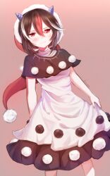 Rule 34 | 1girl, blush, breasts, closed mouth, cone horns, cosplay, doremy sweet, doremy sweet (cosplay), dress, dutch angle, feet out of frame, frown, grey horns, hair between eyes, hat, highres, himuhino, horns, kijin seija, looking at viewer, medium breasts, medium hair, multicolored clothes, multicolored dress, nightcap, pom pom (clothes), red eyes, simple background, solo, standing, striped horns, tail, tapir tail, touhou, white dress