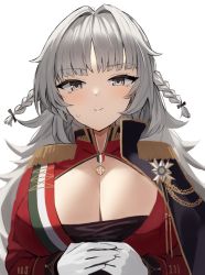 Rule 34 | 1girl, aiguillette, azur lane, black cape, breasts, cape, cleavage, collared jacket, epaulettes, gloves, grey eyes, grey hair, high collar, huge breasts, italian flag, jacket, looking at viewer, medal, red jacket, simple background, solo, suminagashi, upper body, vittorio veneto (azur lane), white background, white gloves