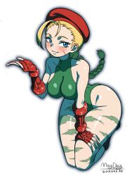 Rule 34 | 1girl, absurdres, blonde hair, blue eyes, blush, braid, braided ponytail, cammy white, closed mouth, cowboy shot, dated, fingerless gloves, gloves, green leotard, hand on own thigh, hat, highres, leotard, long hair, looking at viewer, maydaykiki, red gloves, red hat, simple background, smile, solo, standing, street fighter, thick thighs, thighs, white background, wide hips