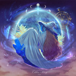 Rule 34 | 1girl, absurdres, artist name, blue skin, brown cloak, cloak, closed mouth, colored skin, commentary request, copyright name, cracked skin, dress, elden ring, floating, flower, fur cloak, hat, highres, lips, long dress, long hair, looking at viewer, magic, moon, one eye closed, purple hair, purple lips, ranni the witch, sky, smile, solo, tiffany20101300, wavy hair, white dress, white hat, wide sleeves, witch, witch hat, yellow flower