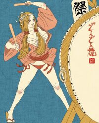 Rule 34 | 1girl, absurdres, blonde hair, blue background, bow, breasts, brown eyes, chest sarashi, cleavage, drum, drumming, drumsticks, fine art parody, full body, hair bow, headgear, highres, holding, holding drumsticks, inkan, instrument, japanese clothes, japanese text, kimono, medium breasts, nihonga, open clothes, open kimono, original, panties, parody, pink kimono, red hair bow, red panties, sandals, sarashi, sei5osuzuki, side-tie panties, tabi, taiko drum, thighhighs, twintails, underwear