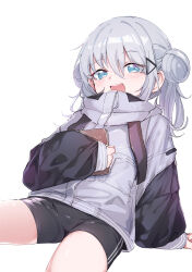 Rule 34 | 1girl, :d, absurdres, arm support, bike shorts, black jacket, black shorts, blue eyes, blush, book, commentary request, double bun, goddess of victory: nikke, grey hair, hair between eyes, hair bun, hair ornament, highres, holding, holding book, holding notebook, hood, hugging book, hugging object, jacket, long hair, looking at viewer, multicolored clothes, multicolored jacket, n102 (nikke), no headwear, notebook, official art, open mouth, short shorts, shorts, sidelocks, simple background, sitting, smile, solo, teeth, two-tone jacket, upper teeth only, utsusumi kio, white background, white jacket