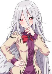 Rule 34 | 1girl, alternate hair length, alternate hairstyle, bow, bowtie, bright pupils, brooch, hair between eyes, hand on own hip, highres, jacket, jewelry, kishin sagume, long hair, long sleeves, looking at viewer, purple shirt, red bow, red bowtie, red eyes, shirt, silver hair, simple background, single wing, solo, touhou, tsukimirin, upper body, very long hair, white background, wings