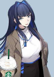Rule 34 | 1girl, black hair, black pants, blue eyes, blue hair, brown jacket, colored inner hair, cup, disposable cup, hand in pocket, highres, holding, holding cup, hololive, hololive english, jacket, long hair, looking at viewer, multicolored hair, open mouth, ouro kronii, pants, sak1 01, shirt, virtual youtuber, white shirt