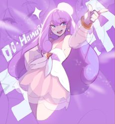 Rule 34 | 1girl, :d, armpits, blue eyes, blush stickers, character request, cropped legs, curly hair, detached sleeves, dress, earrings, hand on own hip, highres, jewelry, long hair, nyantcha, open mouth, original, pointing, purple hair, purple theme, see-through, see-through sleeves, smile, standing, thighhighs, very long hair, white dress, white thighhighs, zoom layer