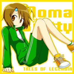 Rule 34 | 1girl, alternate costume, bad id, bad pixiv id, brown eyes, brown hair, character name, coat, copyright name, gym shorts, hair bobbles, hair ornament, kiiro, md5 mismatch, norma beatty, shoes, short hair, shorts, sitting, sneakers, solo, tales of (series), tales of legendia