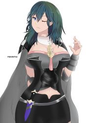 Rule 34 | 1girl, armlet, armor, black armor, blue eyes, blue hair, breasts, brown pantyhose, bustier, byleth (female) (fire emblem), byleth (fire emblem), capelet, cleavage, cloak, clothing cutout, dagger, fire emblem, fire emblem: three houses, floral print, hair between eyes, highres, knife, large breasts, pantyhose under shorts, navel cutout, nintendo, one eye closed, pantyhose, patterned legwear, print legwear, shorts, tassel, turtleneck, user yjrm8472, vambraces, weapon