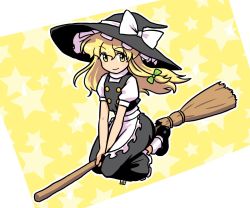 Rule 34 | 1girl, apron, black footwear, black hat, black skirt, black vest, blonde hair, bow, broom, broom riding, closed mouth, commentary request, frilled apron, frilled skirt, frills, full body, green bow, hair between eyes, hair bow, hat, hat bow, kirisame marisa, long hair, looking at viewer, muu (mumumer), puffy short sleeves, puffy sleeves, shirt, shoes, short sleeves, skirt, smile, socks, solo, star (symbol), starry background, touhou, two-tone background, very long hair, vest, waist apron, white apron, white background, white bow, white shirt, white socks, witch hat, yellow background, yellow eyes