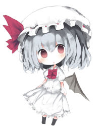 Rule 34 | 1girl, :o, bad id, bad pixiv id, bat wings, black socks, blush, bow, chibi, cottontailtokki, full body, grey wings, hair between eyes, hat, hat bow, head tilt, kneehighs, long hair, looking at viewer, mob cap, parted lips, puffy short sleeves, puffy sleeves, red bow, red eyes, remilia scarlet, shirt, short sleeves, silver hair, simple background, single wing, skirt, skirt set, socks, solo, standing, touhou, white background, white hat, white shirt, white skirt, wings