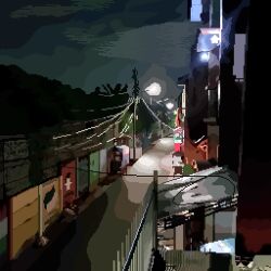 apartment building city dark fence highres house iron_fence lamppost night night_sky no_humans original pixel_art power_lines real_world_location road scenery shadow sky street tomoruka_mr utility_pole