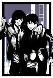 Rule 34 | 1boy, 1girl, alcohol, beer, beer bottle, black hair, black jacket, black necktie, black pants, blush, border, chainsaw man, closed eyes, collared shirt, eyepatch, formal, hand on another&#039;s shoulder, hayakawa aki, highres, himeno (chainsaw man), jacket, looking at another, medium hair, messy hair, monochrome, necktie, open mouth, pants, riki (riki unc), shirt, short hair, smile, spot color, suit, sweat, white border, white shirt