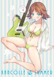 Rule 34 | 10s, 1girl, barefoot, bass guitar, bikini, blue eyes, breasts, brown hair, cleavage, commentary request, electric guitar, english text, food, food in mouth, green bikini, guitar, hairband, headgear, hiei (kancolle), hood, hoodie, instrument, kantai collection, looking at viewer, medium breasts, navel, open clothes, open hoodie, popsicle, saki (little crown), short hair, solo, spread legs, striped, striped background, sweatdrop, swimsuit