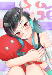 Rule 34 | 1girl, nanashi inc., alternate costume, bespectacled, black bra, black hair, blue hair, blush, bra, breasts, closed mouth, commentary request, crop top, demon girl, demon horns, fang, fang out, feet out of frame, glasses, head tilt, highres, horns, long hair, looking at viewer, multicolored hair, nail polish, hugging object, off-shoulder shirt, off shoulder, pink nails, pointy ears, purple nails, red eyes, shirt, shishio chris, small breasts, smile, solo, solokitsune, sugar lyric, two-tone hair, underwear, virtual youtuber, white shirt