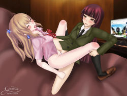 Rule 34 | 2girls, absurdres, aihara yuzu, artist name, black hair, blonde hair, blush, bottomless, bow, bowtie, brown eyes, citrus (saburouta), commentary, couch, dated, drop earrings, earrings, closed eyes, hair ornament, headphones, highres, indoors, jacket, jewelry, leggings, long hair, mistress yazmin, monitor, multiple girls, nail polish, necktie, open mouth, pussy, saliva, school uniform, shoes, star (symbol), star hair ornament, taniguchi harumi, tongue, tongue out, tribadism, yuri