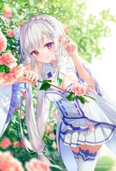 Rule 34 | 1girl, blurry, blurry background, blurry foreground, blush, braid, breasts, butterfly hair ornament, cleavage, cleavage cutout, clothing cutout, crown braid, depth of field, detached sleeves, dress, emilia (re:zero), fingernails, flower, hair ornament, hand on own ear, hands up, holding, holding flower, kh (kh 1128), leaning forward, long hair, looking at viewer, medium breasts, pink flower, plant, pleated skirt, pointy ears, purple eyes, re:zero kara hajimeru isekai seikatsu, skirt, smile, solo, standing, thighhighs, very long hair, white dress, white hair, white skirt, white thighhighs, wide sleeves