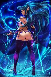Rule 34 | 1girl, ass, blue hair, boots, bracelet, braid, earrings, from behind, gloves, high heels, hoop earrings, jewelry, long hair, magic, pointy ears, single glove, solo, tatti art, thigh boots, thighhighs, thong, weapon