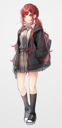 Rule 34 | absurdres, backpack, bag, black jacket, braid, collared shirt, crown braid, expressionless, hand in pocket, highres, jacket, kuwashima rein, long hair, looking at viewer, necktie, original, plaid, plaid neckwear, plaid skirt, pleated skirt, red eyes, red hair, school uniform, shirt, skirt, twintails, white background, white shirt