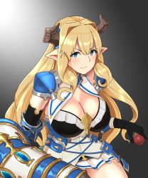 Rule 34 | &gt;:), 10s, 1girl, armor, armored boots, armored dress, black background, black gloves, blonde hair, blue eyes, blue footwear, boots, breasts, cleavage, closed mouth, commentary request, cowboy shot, cross-laced clothes, elbow gloves, faulds, frills, gloves, granblue fantasy, hair intakes, hayabusa (vert 320), highres, holding, holding weapon, horn ornament, horns, large breasts, long hair, looking at viewer, microskirt, panties, pantyshot, pauldrons, pleated skirt, pointy ears, polearm, razia, shoulder armor, skirt, smile, solo, thigh boots, thighhighs, underbust, underwear, v-shaped eyebrows, very long hair, weapon, white panties, white skirt