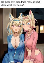 Rule 34 | 2girls, absurdres, animal ears, blonde hair, blue eyes, blue hair, breasts, buttons, cleavage, collarbone, dog ears, fake horns, fang, fuwawa abyssgard, hair ornament, highres, hololive, hololive english, horns, large breasts, looking at viewer, meme, mococo abyssgard, multicolored hair, multiple girls, navel, open mouth, photo-referenced, pink eyes, pink hair, satou rin (gobugabuge), shirt, siblings, sisters, skirt, small breasts, two-tone hair, virtual youtuber