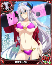 Rule 34 | 1girl, antenna hair, aqua eyes, bikini, bikini under clothes, blush, breasts, card (medium), character name, chess piece, closed mouth, day, goggles, goggles on head, hair ribbon, hat, high school dxd, large breasts, long hair, navel, no pants, official art, open clothes, pink bikini, ribbon, rook (chess), rossweisse, silver hair, smile, snowboard, solo, standing, swimsuit, torn bikini, torn clothes, trading card, very long hair, winter clothes