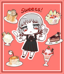 Rule 34 | 1girl, absurdres, black ribbon, butter, cake, cake slice, candy, chainsaw man, chibi, chocolate cake, concentric circles, dress, earrings, english text, fami (chainsaw man), food, fork, fourth east high school uniform, fruit, haru rice, highres, holding, holding fork, holding spoon, honey, ice cream, jewelry, limited palette, mole, mole under eye, mole under mouth, multiple moles, neck ribbon, pancake, pancake stack, pinafore dress, plate, ribbon, ringed eyes, school uniform, simple background, sleeveless dress, spoon, tassel, tassel earrings, triangle mouth