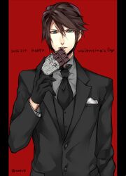 Rule 34 | 1boy, alternate costume, black gloves, black jacket, black necktie, black suit, black vest, blue eyes, brown hair, chocolate, collared shirt, dated, dress shirt, earrings, final fantasy, final fantasy viii, food, food in mouth, formal, gloves, grey shirt, hand up, holding, holding chocolate, holding food, jacket, jewelry, looking at viewer, male focus, necktie, parted lips, pocket square, red background, scar, scar on face, shirt, short hair, simple background, solo, squall leonhart, stud earrings, suit, suit jacket, tama (tmfy5), twitter username, upper body, valentine, vest