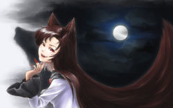Rule 34 | 1girl, animal ears, brooch, brown hair, cloud, cloudy sky, different shadow, fang, fingernails, full moon, imaizumi kagerou, jewelry, kihou kanshouzai, long fingernails, long hair, long sleeves, looking at viewer, looking to the side, moon, nail polish, night, night sky, open mouth, red eyes, red nails, shirt, sky, smile, solo, touhou, upper body, very long hair, white shirt, wolf ears