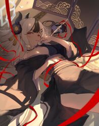 Rule 34 | 1girl, absurdres, black choker, black hair, black horns, black kimono, blue archive, choker, collarbone, demon horns, grey hair, grey halo, halo, highres, hjrh5727, horns, japanese clothes, kayoko (blue archive), kayoko (new year) (blue archive), kimono, long hair, looking at viewer, lying, multicolored hair, obi, official alternate costume, omamori, on back, open mouth, red eyes, sash, solo, tatami, wide sleeves