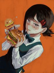 Rule 34 | &gt; o, 1girl, 1other, apron, black eyes, blush, bow, bowtie, burger, chainsaw man, champi, cheese, closed mouth, collared shirt, crying, fast food, fist bump, food, hair ornament, hairclip, higashiyama kobeni, highres, holding, holding food, lettuce, looking at viewer, mascot, mole, mole on cheek, mole under eye, multiple moles, nervous, one eye closed, orange background, ponytail, shirt, short ponytail, simple background, snot, solo focus, star (symbol), tears, tomato, white shirt