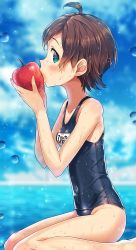 Rule 34 | 10s, 1girl, apple, bad id, bad twitter id, blue eyes, breasts, brown hair, eating, food, from side, fruit, highres, idolmaster, idolmaster million live!, kinoshita hinata, looking at viewer, name tag, narumi arata, old school swimsuit, one-piece swimsuit, school swimsuit, short hair, sitting, small breasts, solo, swimsuit, wariza, water, wet, wet hair