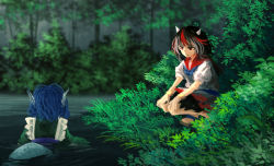 Rule 34 | 2girls, akaiha (akaihagusk), bad id, bad pixiv id, black hair, blue hair, blurry, bracelet, depth of field, dress, fins, fish tail, forest, head fins, horns, japanese clothes, jewelry, kijin seija, kimono, lake, long sleeves, looking at another, mermaid, monster girl, multicolored hair, multiple girls, nature, obi, partially submerged, red eyes, red hair, river, sash, short hair, squatting, streaked hair, tail, touhou, wakasagihime, water, white hair