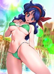 Rule 34 | 1girl, artist name, bare shoulders, bikini, blue eyes, blue hair, breasts, cameltoe, commentary request, covered erect nipples, dragon ball, dragon ball (classic), green bikini, hairband, hand on own chest, hand up, highleg, highleg bikini, highres, lips, long hair, lunch (dragon ball), lunch (good) (dragon ball), medium breasts, navel, open mouth, oyaman, signature, simple background, stomach, sunlight, swimsuit, thighs, water