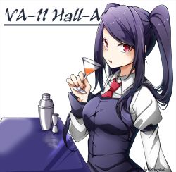 Rule 34 | 1girl, artist request, bartender, cocktail, cocktail glass, cocktail shaker, copyright name, cup, drinking glass, highres, jill stingray, looking at viewer, necktie, purple hair, red eyes, solo, twintails, va-11 hall-a