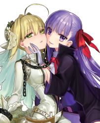 Rule 34 | 10s, 2girls, ahoge, bb (fate), bb (fate), bb (fate/extra), bdsm, belt, between breasts, black legwear, blonde hair, bodysuit, breasts, buckle, chain, couple, fate/extra, fate/extra ccc, fate (series), femdom, gloves, green eyes, hair ribbon, hand on another&#039;s cheek, hand on another&#039;s face, highres, hug, lock, long hair, looking at viewer, multiple girls, nero claudius (bride) (fate), nero claudius (fate), nero claudius (fate), padlock, parted lips, purple eyes, purple hair, ribbon, short hair, smile, thighhighs, transparent background, veil, wada arco, white gloves, yuri, zipper
