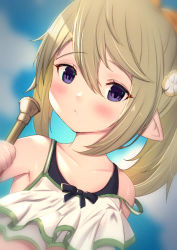 Rule 34 | 1girl, bare shoulders, bikini, blue sky, blush, brown hair, closed mouth, cloud, cloudy sky, collarbone, commentary request, day, dutch angle, flower, flugelhorn, granblue fantasy, hair between eyes, hair flower, hair ornament, harvin, highres, holding, holding instrument, instrument, long hair, looking at viewer, mimlememel, outdoors, pointy ears, ponytail, purple eyes, sidelocks, sky, solo, swimsuit, uneg, upper body, white bikini, white flower