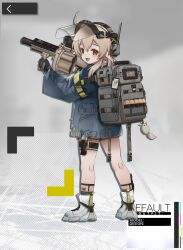Rule 34 | 1girl, :d, absurdres, ahoge, arknights, backpack, bag, bag charm, black gloves, charm (object), commentary, dodoco (genshin impact), face shield, from behind, full body, genshin impact, gloves, grenade launcher, gun, hair between eyes, handgun, headset, highres, holding, holding gun, holding weapon, holster, id card, kelun, klee (genshin impact), kneepits, light brown hair, long hair, long sleeves, looking at viewer, looking back, low twintails, open mouth, orange eyes, pointy ears, see-through, see-through coat, sidelocks, smile, solo, standing, tactical clothes, thigh holster, twintails, weapon