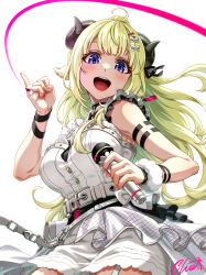 Rule 34 | 1girl, :d, ahoge, animal ears, bare shoulders, belt, black background, blonde hair, blush, breasts, buru-dai, dress, garter straps, hair ornament, hairclip, highres, holding, holding microphone, hololive, horns, large breasts, long hair, looking at viewer, microphone, official alternate costume, official alternate hairstyle, open mouth, overskirt, pinky out, ponytail, purple eyes, sheep ears, sheep girl, sheep horns, short sleeves, signature, smile, solo, string, string of fate, teeth, tsunomaki watame, tsunomaki watame (watame night fever!!), upper teeth only, very long hair, virtual youtuber, white belt, white dress, white garter straps, wrist cuffs