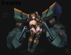 Rule 34 | 1girl, autocannon, black background, blush, bodysuit, boots, breasts, brown eyes, brown hair, calista (last origin), cannon, cleavage, drill hair, hair between eyes, highres, large breasts, last origin, long hair, looking at viewer, power suit, simple background, solo, toriseru (rare stone), twin drills