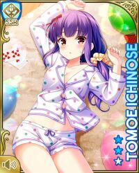 Rule 34 | 1girl, :o, balloon, barefoot, bedroom, bow, breasts, brown eyes, card, card (medium), cleavage, day, female focus, girlfriend (kari), hair ornament, hair scrunchie, ichinose tomoe (gf kari), indoors, long hair, lying, medium breasts, navel, official art, on back, open mouth, orange scrunchie, pajamas, playing card, polka dot, polka dot pajamas, ponytail, purple hair, qp:flapper, red bow, scrunchie, shirt, shorts, solo, white shirt, white shorts