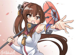 Rule 34 | 1girl, blush, breasts, brown eyes, brown hair, ebifurya, gradient background, hair ornament, holding, kantai collection, kikumon, long hair, long sleeves, multicolored background, oil-paper umbrella, open mouth, petals, ponytail, sidelocks, solo, twitter username, two-tone background, umbrella, upper body, yamato (kancolle)