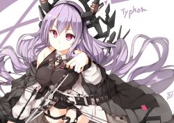 Rule 34 | 1girl, arknights, arrow (projectile), bare shoulders, bike shorts, bow (weapon), breasts, character name, collar, covered collarbone, cowboy shot, drawing bow, fake horns, hasumi takashi, highres, holding, holding bow (weapon), holding weapon, horns, long hair, long sleeves, looking at viewer, off shoulder, purple eyes, red eyes, signature, solo, thigh strap, typhon (arknights), weapon, white background