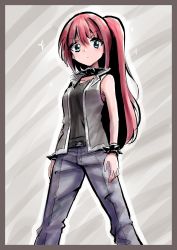 Rule 34 | 1girl, arms at sides, bare shoulders, belt, black shirt, blue eyes, blue pants, blush, border, bracelet, breasts, closed mouth, collar, collarbone, female focus, grey background, grey border, grey vest, highres, jewelry, legs apart, light blush, long hair, looking at viewer, original, pants, ponytail, raika (rune (dualhart)), red hair, rune (dualhart), shirt, sidelocks, simple background, sleeveless, sleeveless shirt, small breasts, solo, sparkle, spiked bracelet, spiked collar, spikes, vest