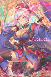 Rule 34 | 1girl, asymmetrical hair, autumn leaves, black thighhighs, blue eyes, blue kimono, closed mouth, copyright name, day, detached sleeves, dual wielding, fate/grand order, fate (series), hair ornament, holding, holding sword, holding weapon, japanese clothes, katana, kimono, long hair, looking at viewer, miyamoto musashi (fate), miyamoto musashi (third ascension) (fate), outdoors, pink hair, ponytail, short kimono, smile, solo, sword, thighhighs, weapon, yoshimoto (dear life)