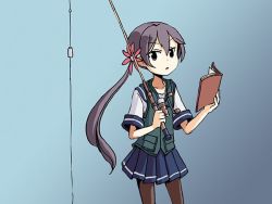 Rule 34 | 1girl, akebono (kancolle), black eyes, book, cowboy shot, fishing rod, flower, gradient background, hair flower, hair ornament, kantai collection, long hair, pleated skirt, purple hair, side ponytail, sixten, skirt, solo, thighhighs